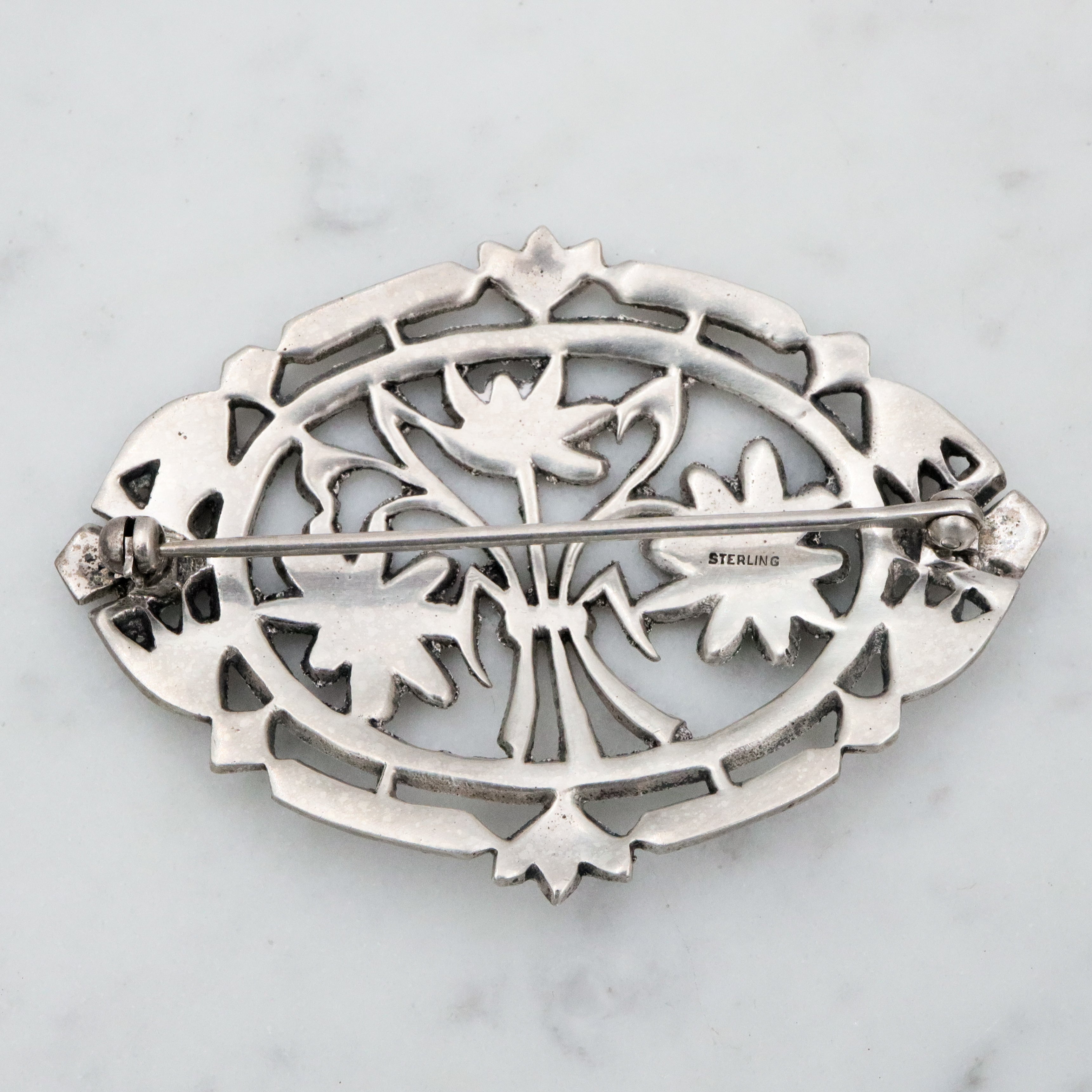 Large Antique Art Deco sterling marcasite floral brooch